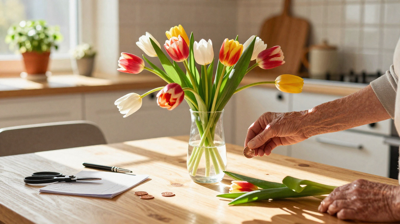 Mãos idosas ao lado de vasos com tulipas coloridas numa mesa de madeira numa cozinha iluminada.