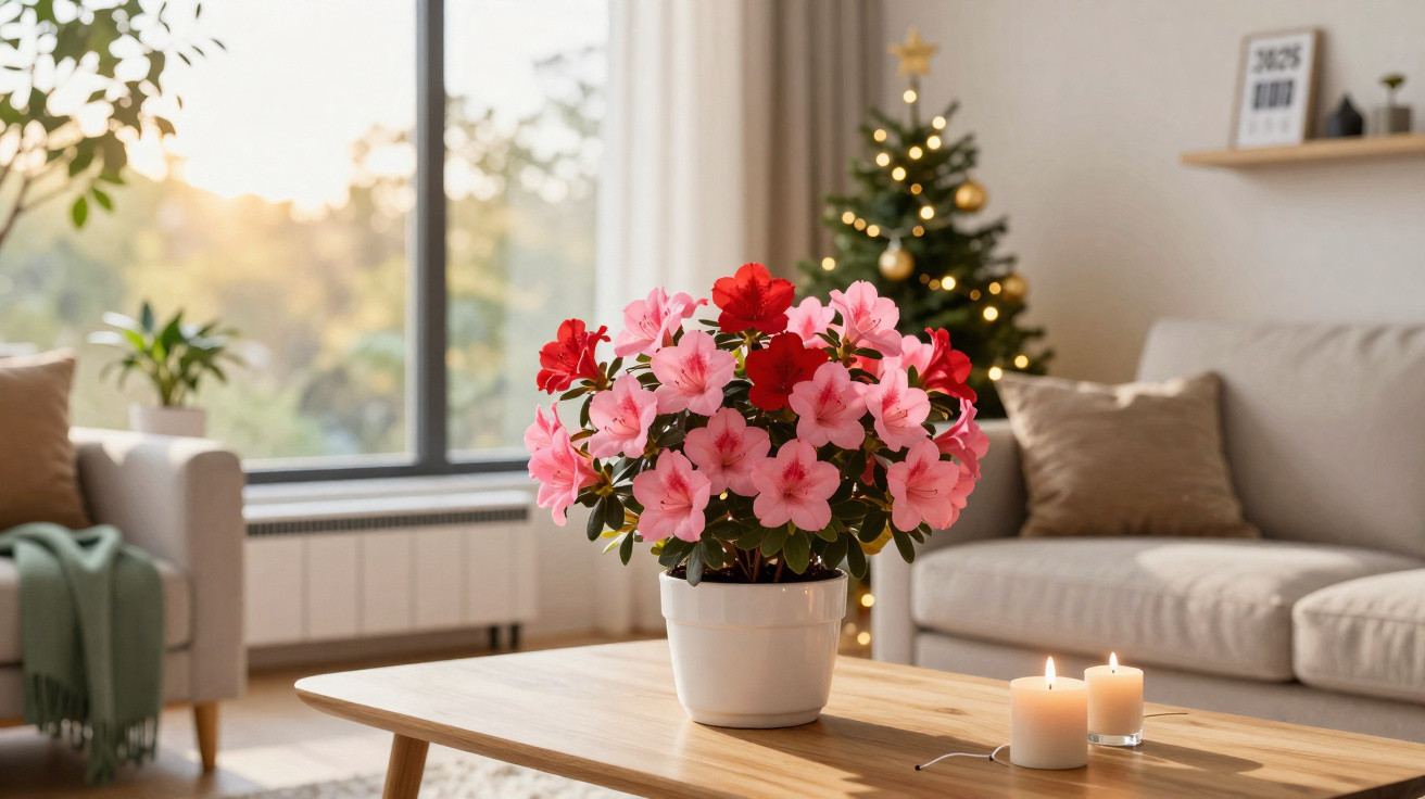 Vaso com flores cor-de-rosa e vermelhas numa mesa em sala decorada com árvore de Natal e velas acesas.