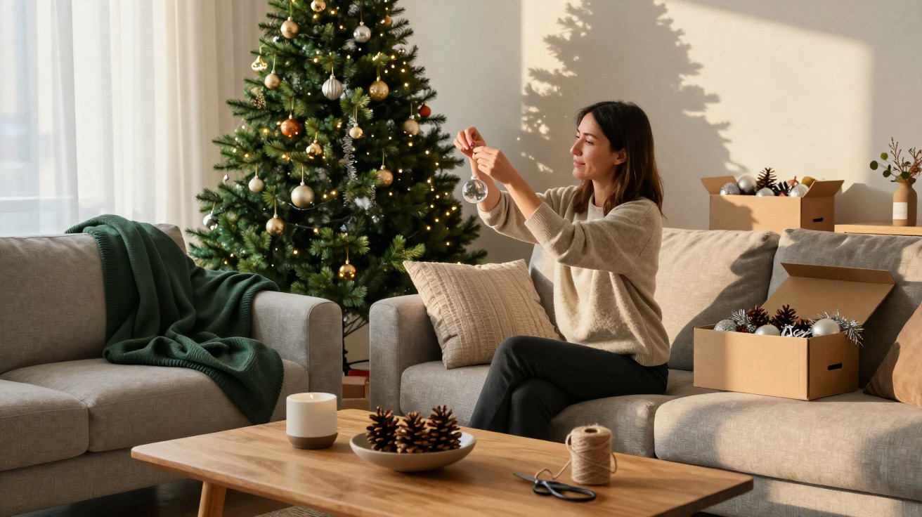 Mulher a decorar uma árvore de Natal numa sala acolhedora com sofás e luz natural.