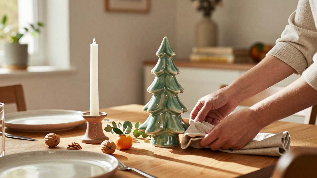 Mesa de madeira decorada com árvore de Natal, vela, nozes e mão a arrumar guardanapo.