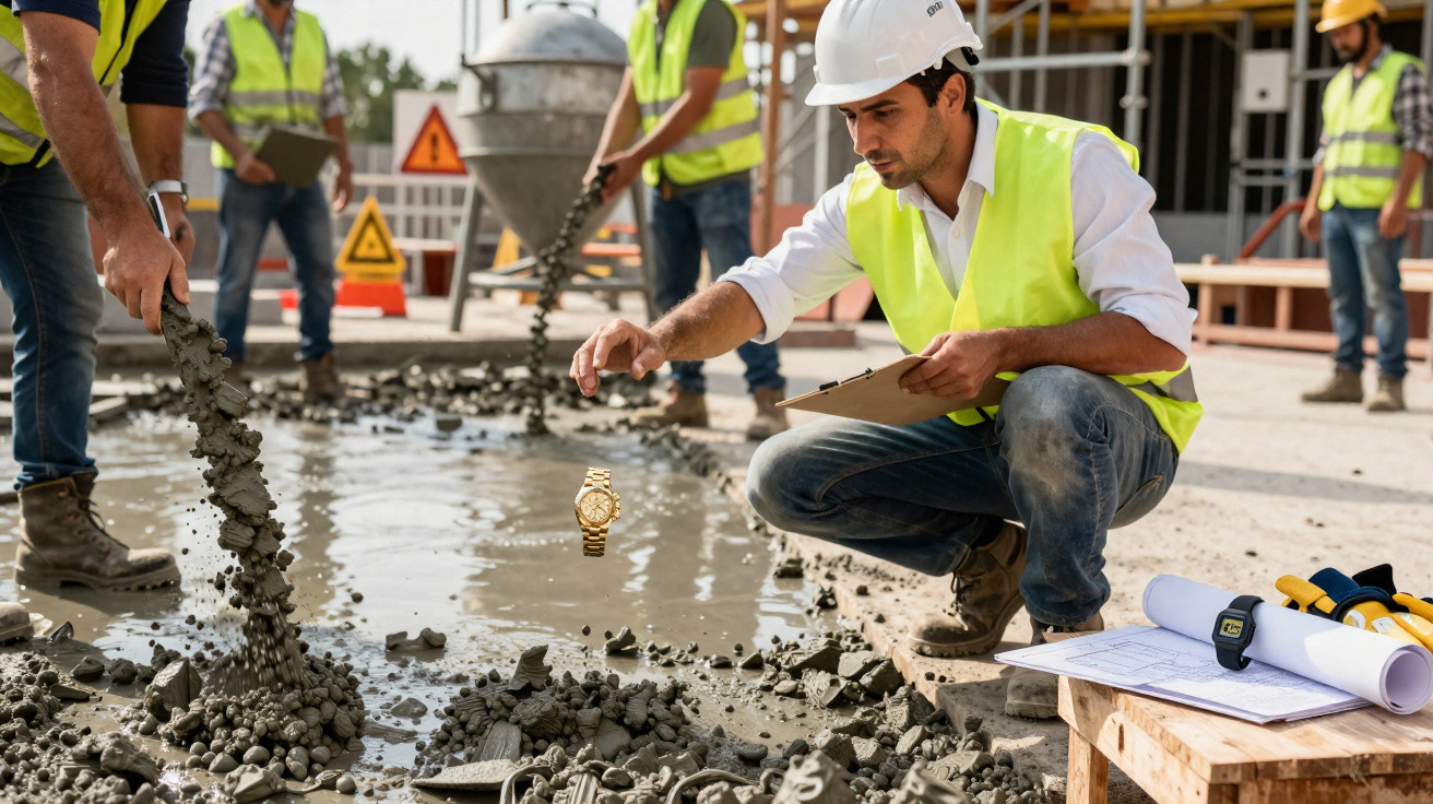 Engenheiro de obra com colete e capacete a inspecionar betão fresco enquanto trabalhadores vertem cimento numa construção.