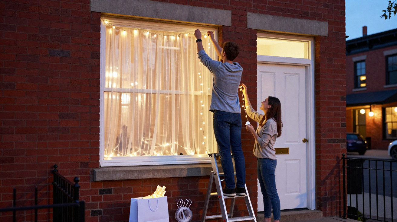 Jovem casal pendura luzes decorativas numa janela de casa à noite, criando ambiente acolhedor.