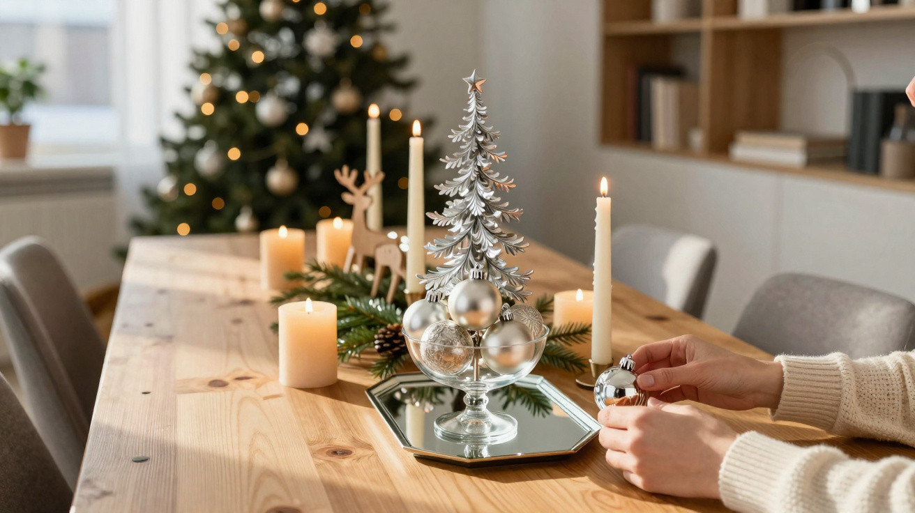 Mesa de madeira decorada com castiçais, vela acesa e enfeites de Natal prateados em ambiente acolhedor.