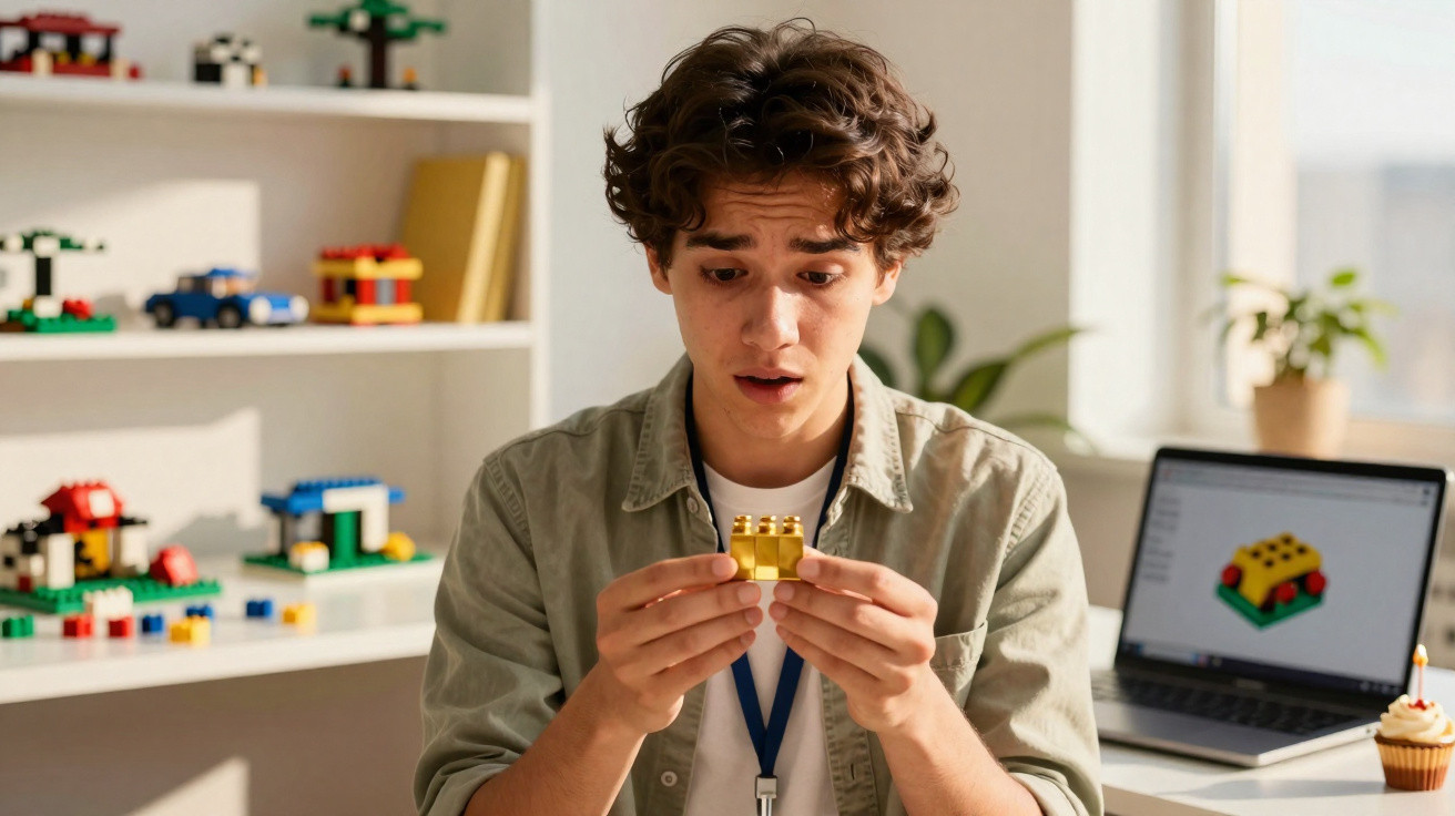 Jovem surpreendido a montar peça de construção com computador e brinquedos no fundo.