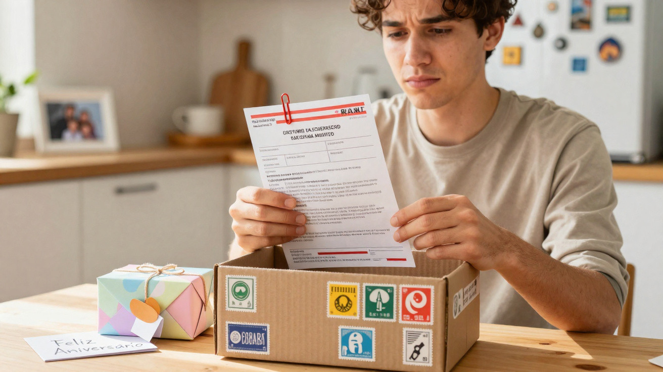 Jovem preocupado lê carta recebida numa caixa de cartão com autocolantes, numa cozinha.