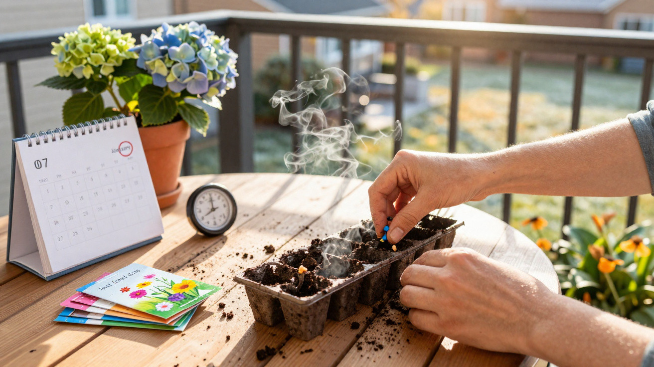 Mãos a plantar sementes em recipientes com terra numa varanda, com calendário, flores e relógio ao fundo.