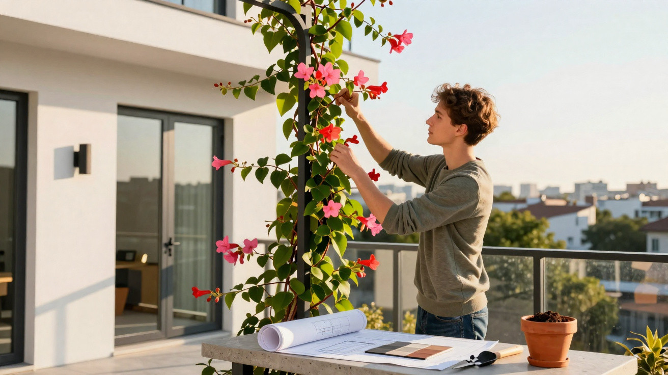 Jovem a cuidar de plantas com flores cor de rosa numa varanda com vista urbana ao entardecer.