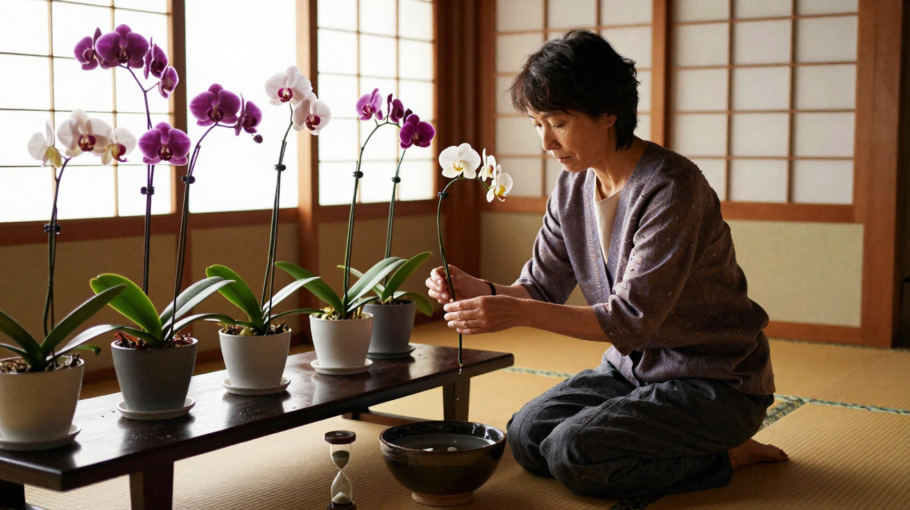 Mulher japonesa cuida de orquídeas em vaso numa sala tradicional com chão de tatami e portas de papel.