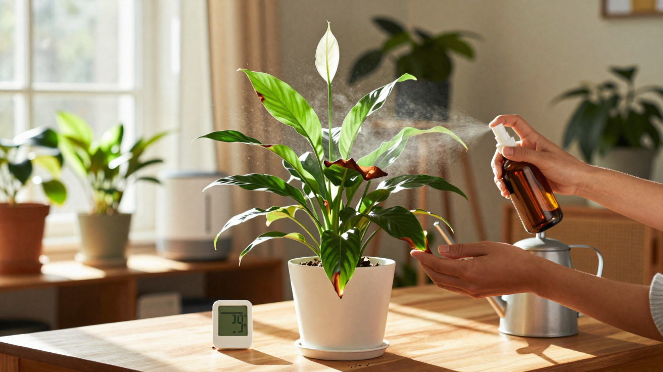 Pessoa borrifando água numa planta em vaso branco numa mesa de madeira com medidor de humidade.