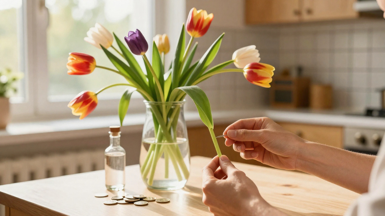 Vaso com tulipas coloridas numa mesa de cozinha, mãos a segurar uma folha de tulipa verde.