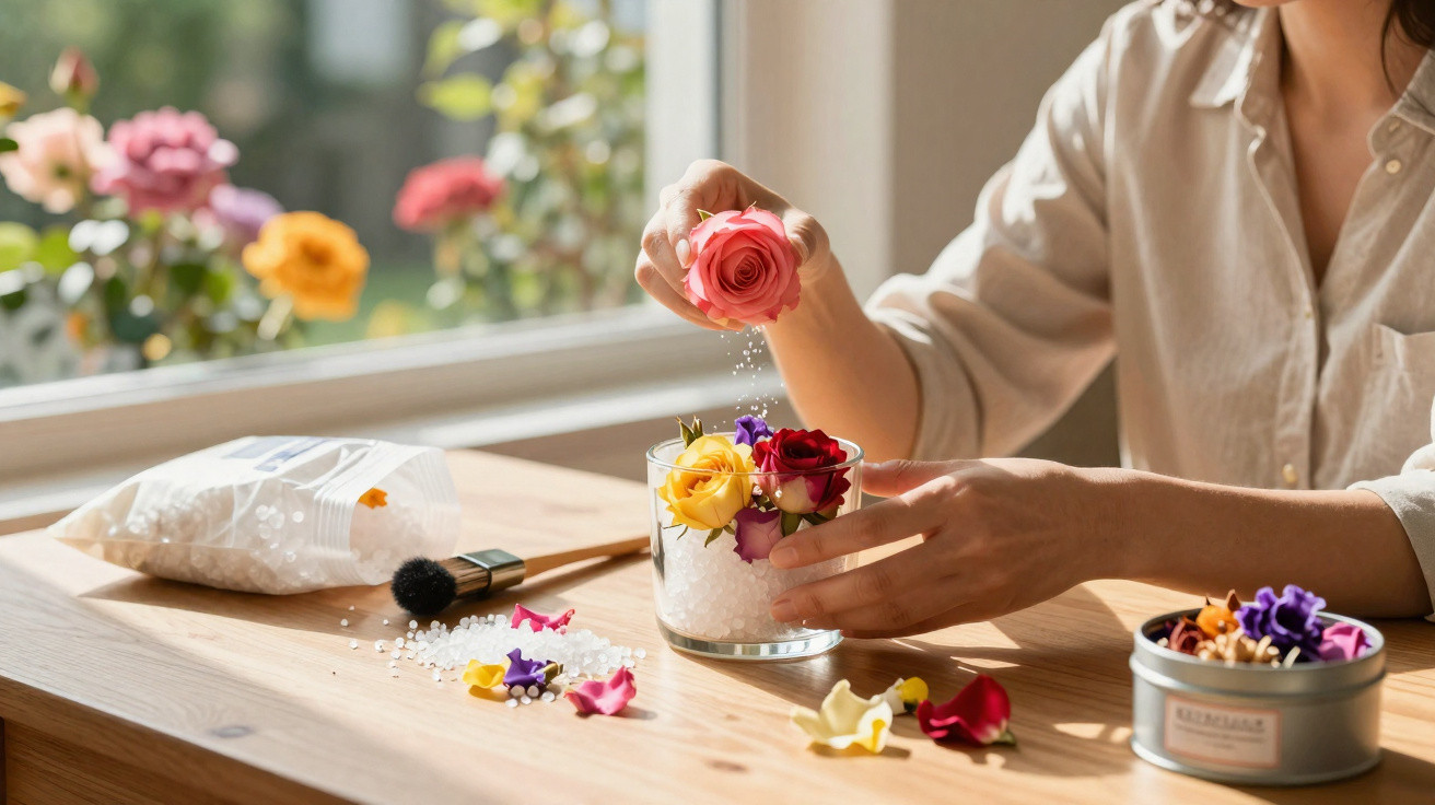 Pessoa a decorar um vaso com flores coloridas e pequenos grãos brancos numa mesa de madeira.