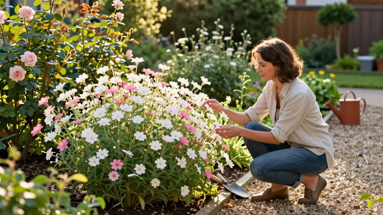Mulher cuida de flores brancas e cor-de-rosa num jardim bem cuidado, com regador ao fundo.