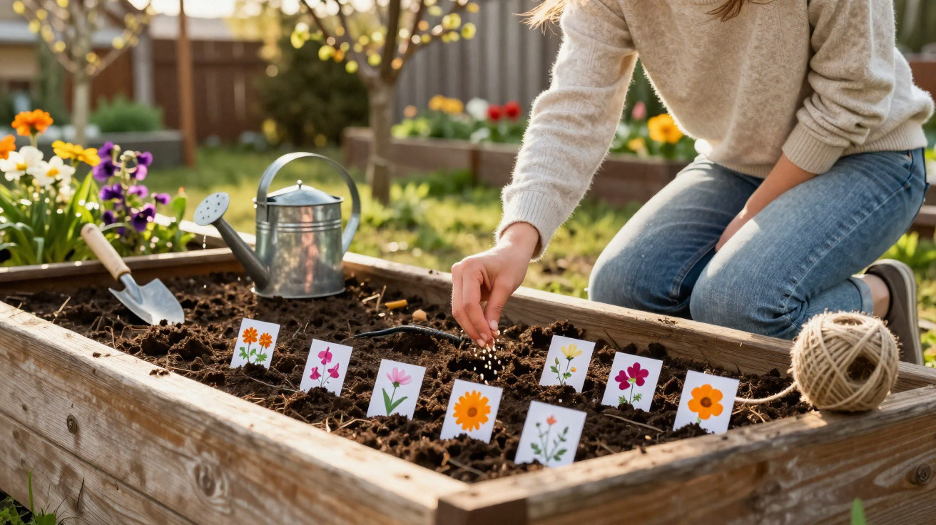 Pessoa a semear sementes num canteiro elevado com etiquetas de diferentes flores coloridas.