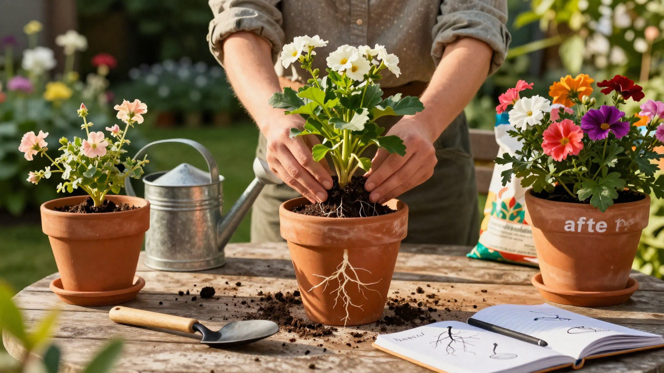 Pessoa a transplantar planta branca em vaso de barro, com regador, pá e caderno de notas num jardim.