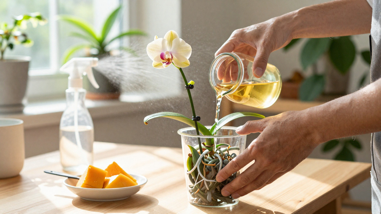 Pessoa a regar orquídea branca num vaso transparente numa mesa de madeira junto a uma janela iluminada.