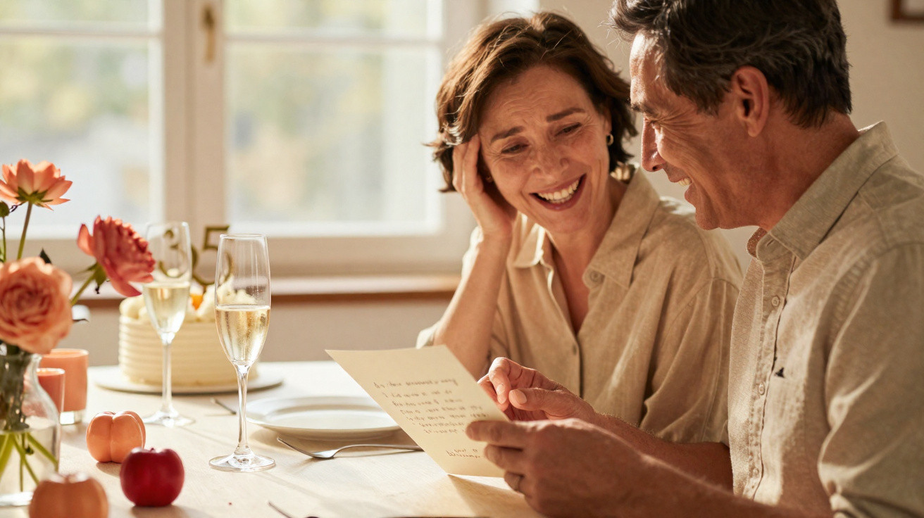 Casal sorridente sentado à mesa a ler uma carta em ambiente acolhedor com flores e taças de champanhe.