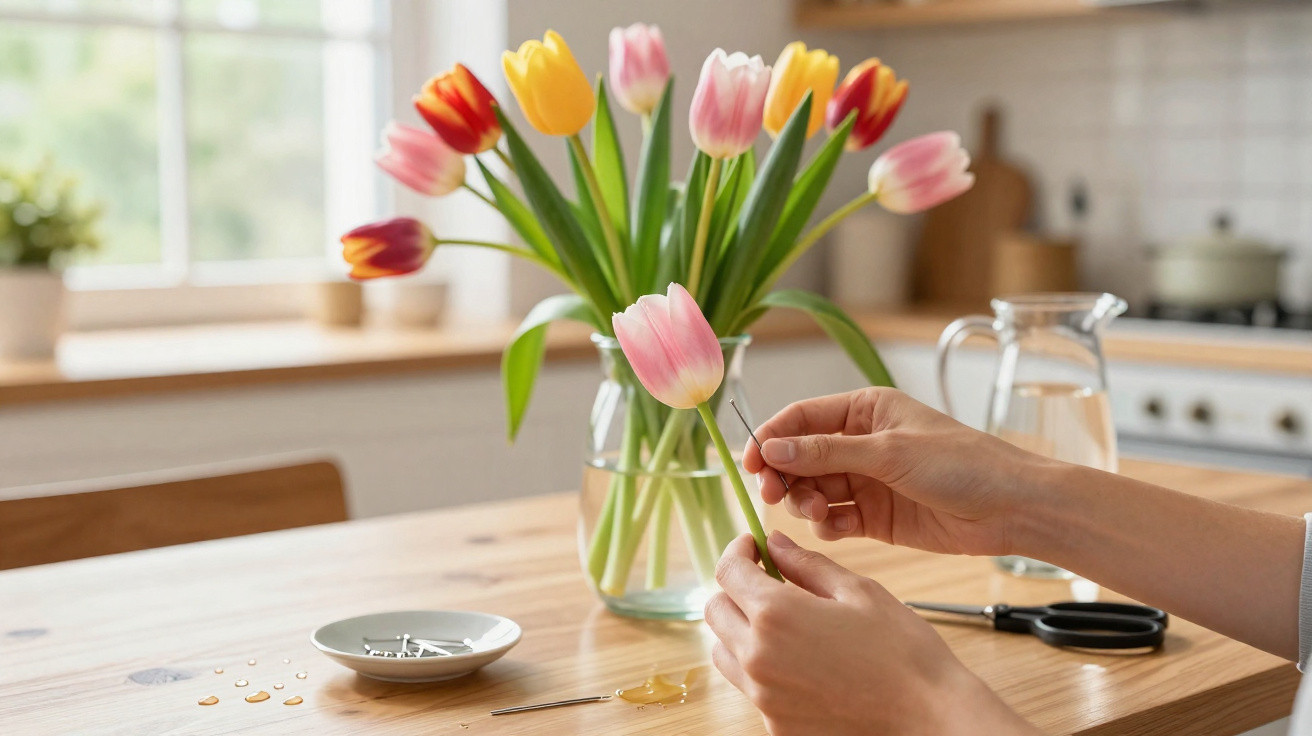 Mãos a colocar alfinetes em tulipas cor-de-rosa num vaso com tulipas coloridas numa mesa de cozinha.