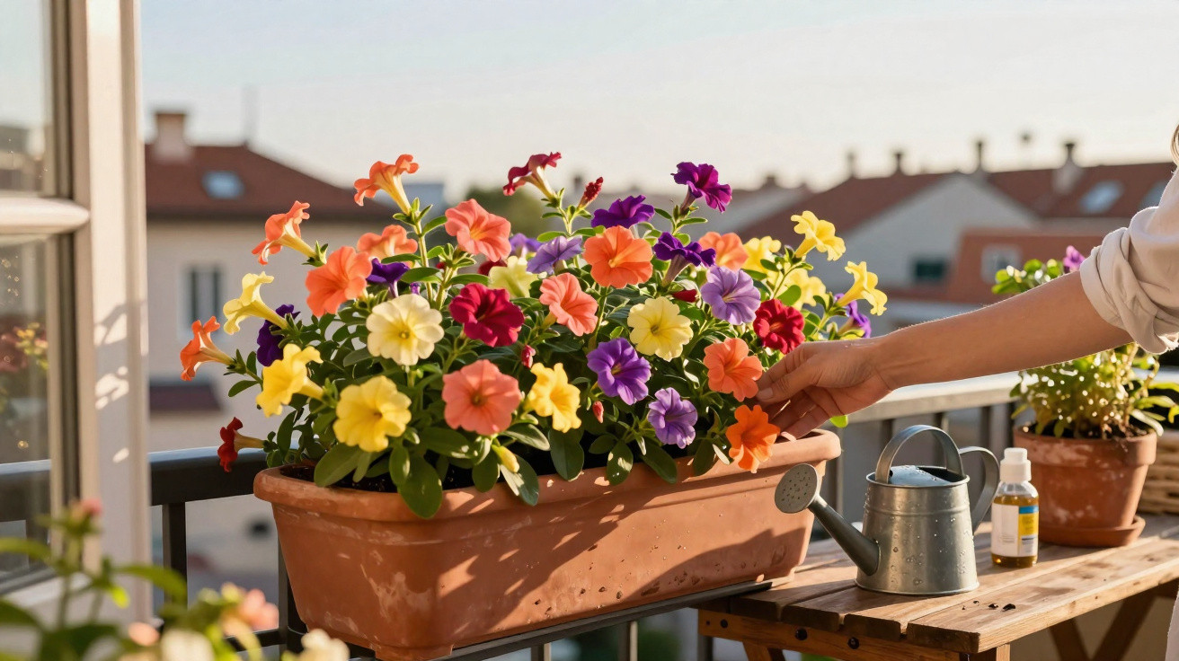 Mão a tocar flores coloridas num vaso de varanda com regador metálico e frasco ao sol da tarde.