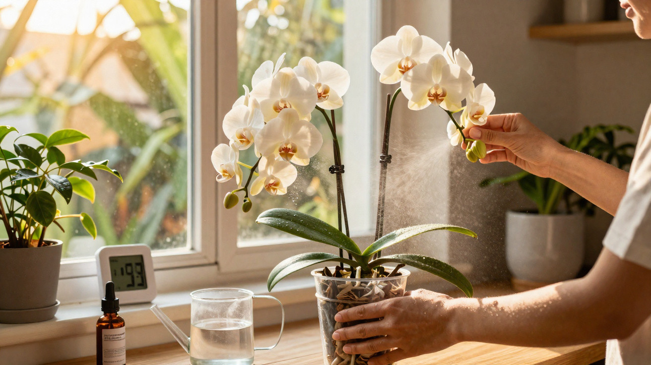 Pessoa a pulverizar água numa orquídea branca junto a uma janela luminosa com outras plantas na mesa.