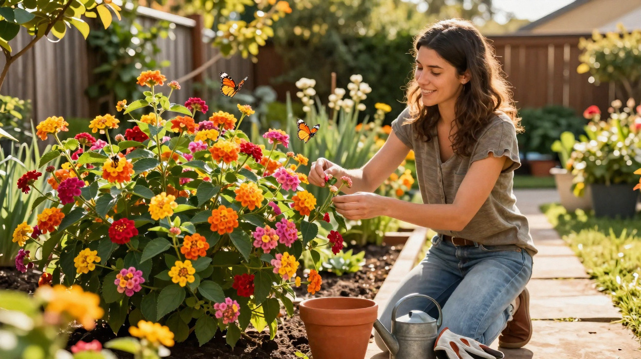 Mulher sorridente a cuidar de flores coloridas num jardim ensolarado com borboletas à volta.