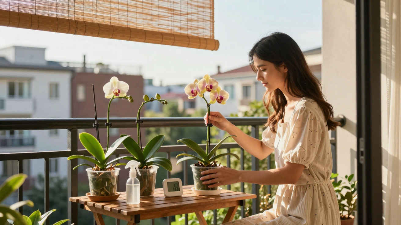 Mulher a cuidar de orquídeas num vaso, sentada numa varanda com luz natural ao fim da tarde.