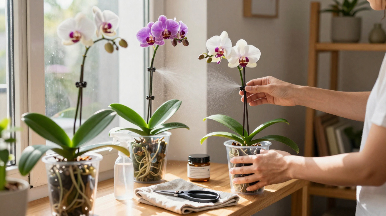 Pessoa a pulverizar orquídeas em vaso num peitoril junto a uma janela iluminada pelo sol.