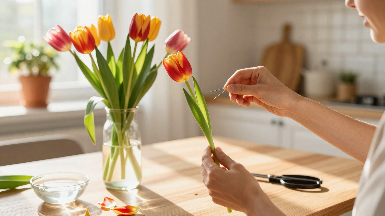 Pessoa a remover linhas do caule de tulipa amarela e vermelha numa cozinha iluminada.