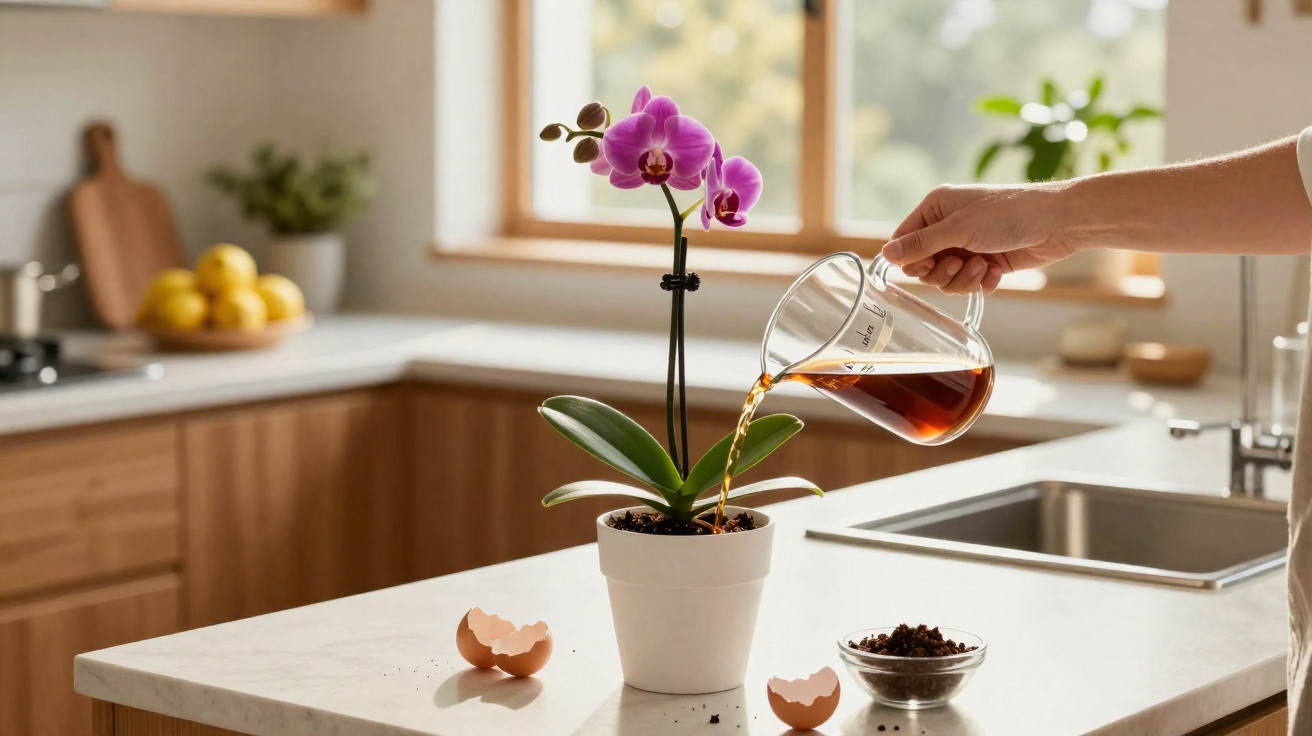 Pessoa a regar uma orquídea roxa numa cozinha moderna com bancada branca e ovos partidos.