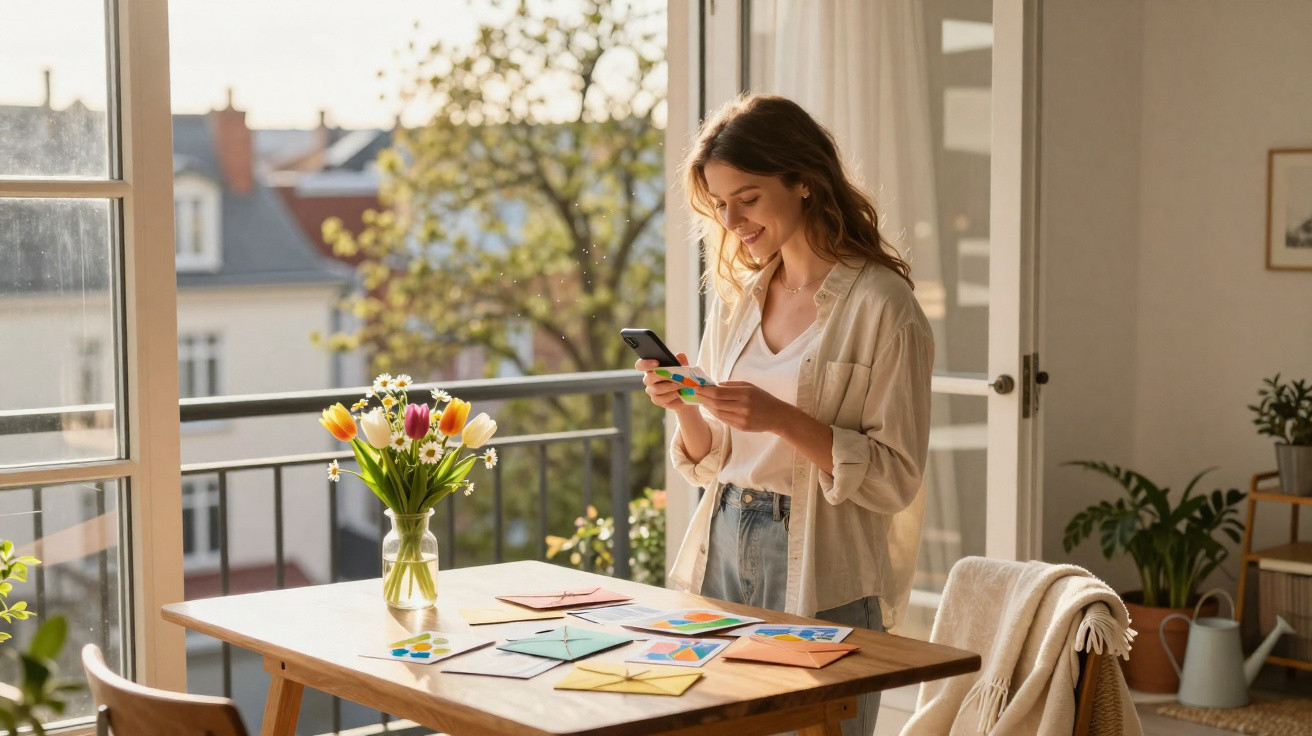 Mulher feliz a criar e decorar cartas coloridas numa mesa junto a uma varanda com flores ao sol.