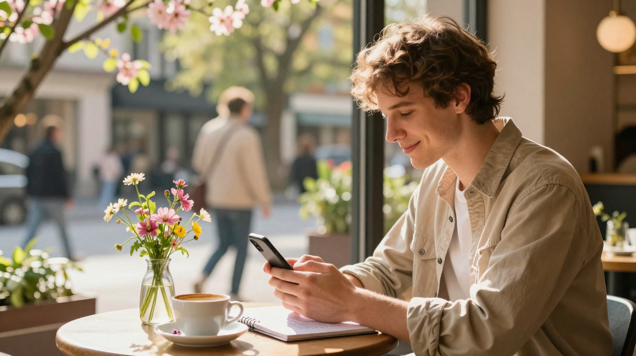 Jovem sentado numa cafetaria a usar telemóvel, com uma chávena de café e flores na mesa.