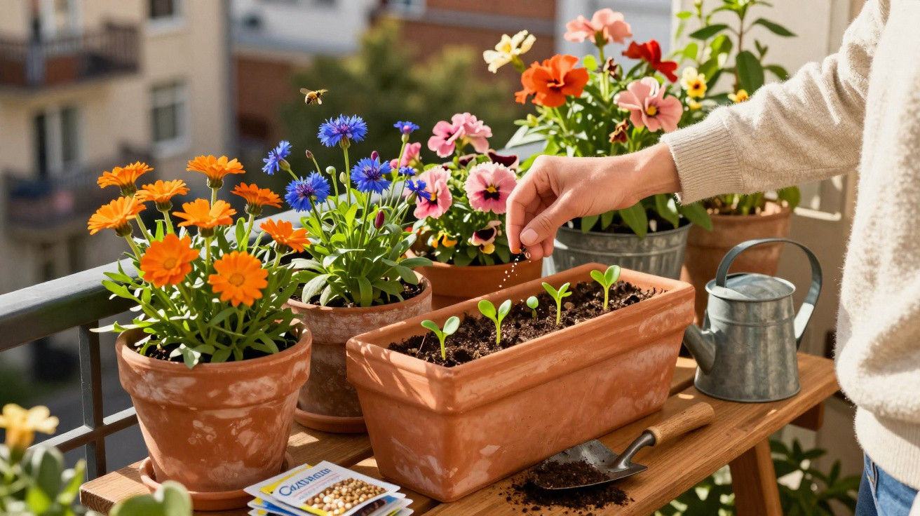 Pessoa a semear pequenas plantas em vaso com flores coloridas num terraço ensolarado.