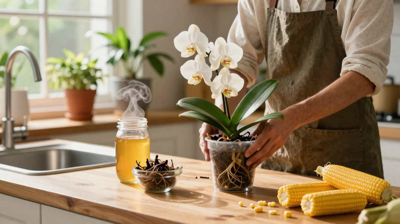 Pessoa a cuidar de orquídea branca numa cozinha com espigas de milho e infusão quente.