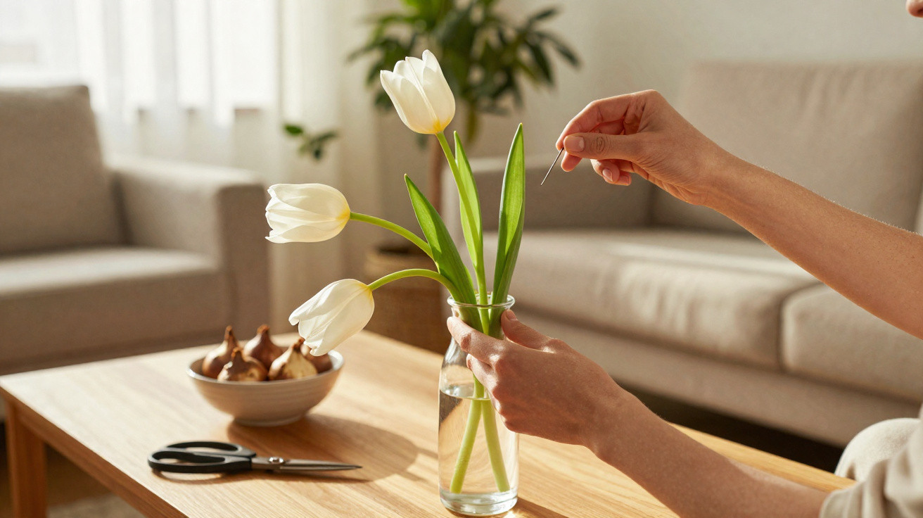 Mãos a colocar palito para equilibrar tulipas brancas num vaso de vidro numa sala iluminada e acolhedora.