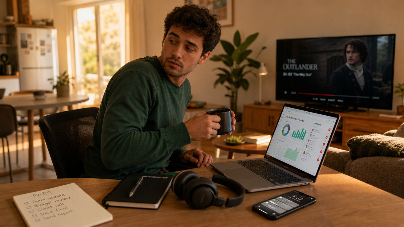 Homem sentado numa mesa com computador, telemóvel, fones, caderno, caneca e lista de tarefas, com TV ligada ao fundo.