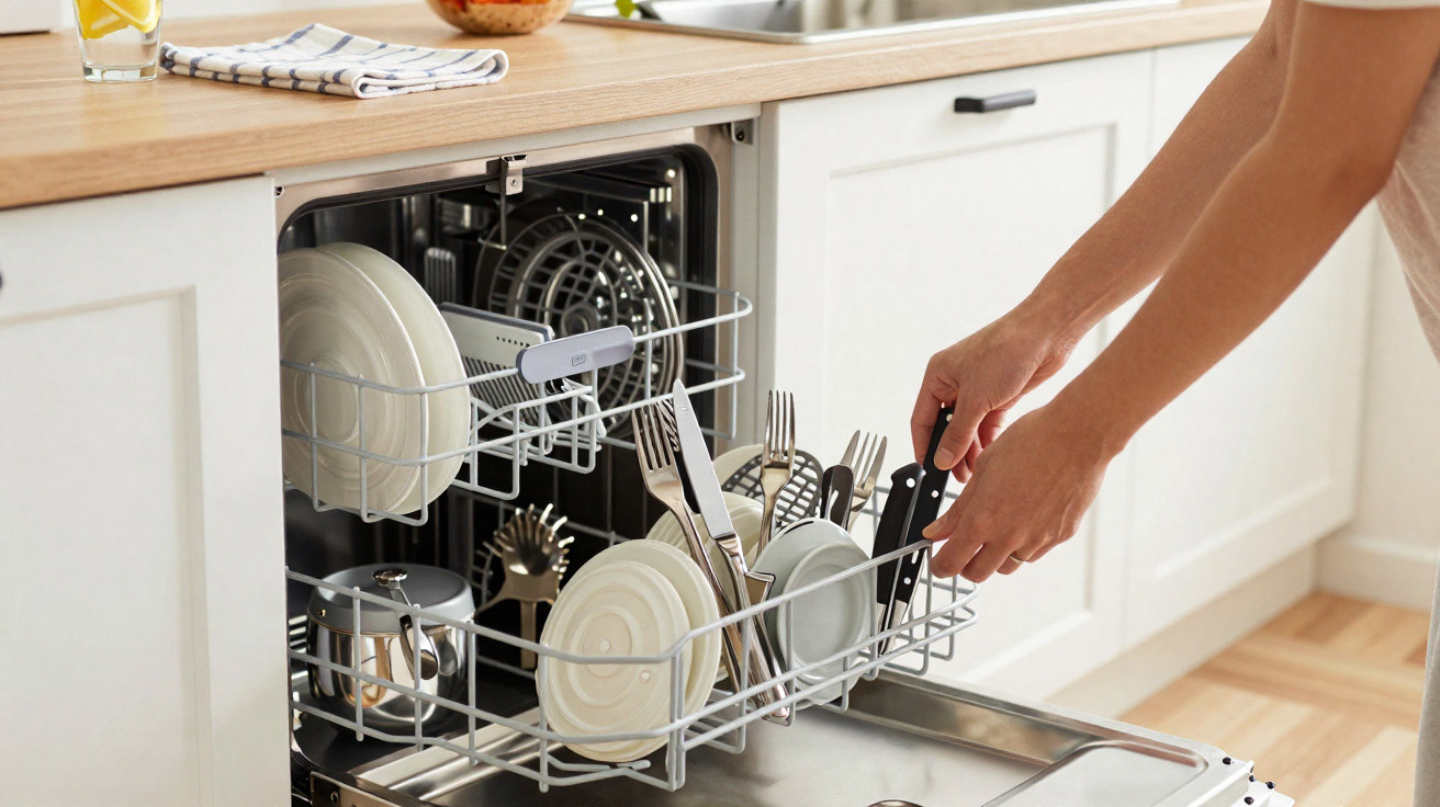 Pessoa a carregar a máquina de lavar louça com pratos, talheres e utensílios num cozinha moderna.
