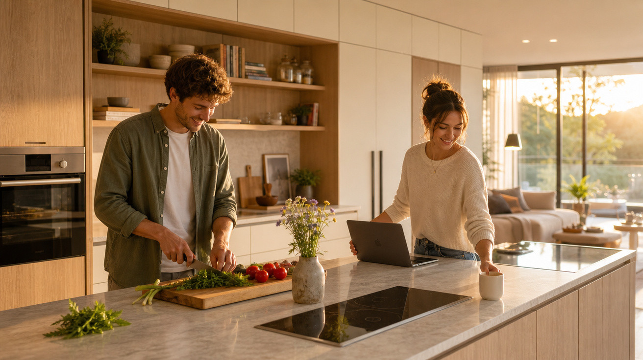 Casal jovem prepara refeição juntos numa cozinha moderna e luminosa ao pôr do sol.