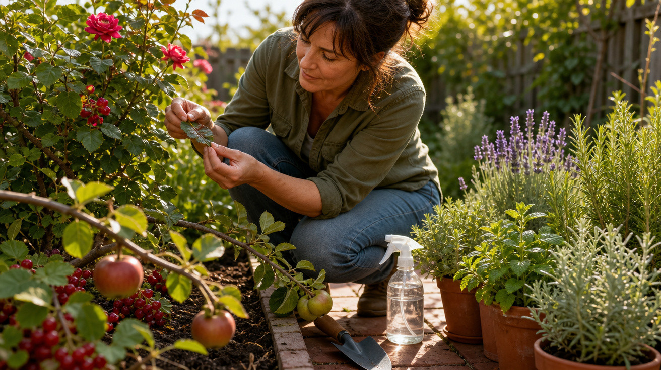 Mulher a examinar folhas de plantas num jardim, rodeada de flores, frutos e regador em spray.