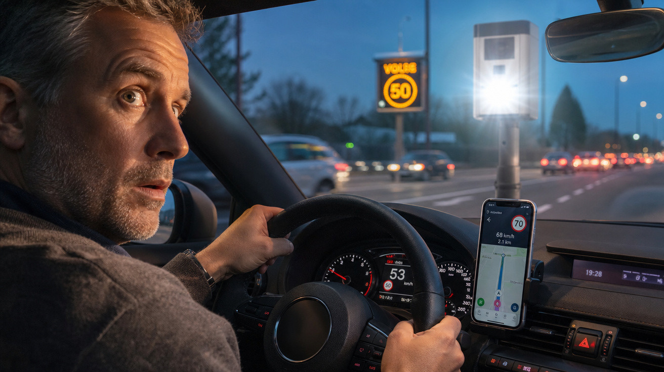 Homem a conduzir um carro à noite, com velocímetro a indicar 53 km/h e sinal de limite de velocidade a 50 km/h.